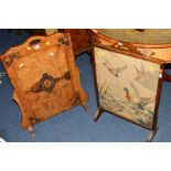 A VICTORIAN BURR WALNUT AND INLAID FIRE SCREEN together with an oak fire screen (2)