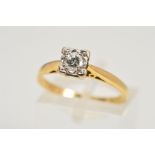 AN 18CT GOLD SINGLE STONE DIAMOND RING, the round brilliant cut diamond within a square illusion