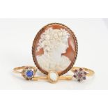 FOUR ITEMS OF JEWELLERY, to include an oval cameo brooch depicting a lady in profile within a rope