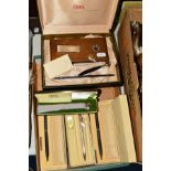 SIX BOXED CROSS BALL PENS AND FOUNTAIN PEN, including a walnut desk stand, one cased set incomplete