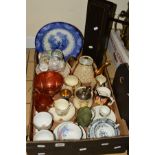 A BOX OF CERAMICS ETC, including carving set, carnival glass etc