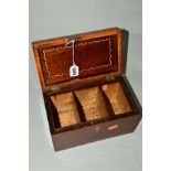 A GEORGE III MAHOGANY AND INLAID TEA CADDY of rectangular form, shell patarie to hinged lid, the