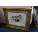 A LATE 19TH CENTURY FOLIATE GILT PLASTER PICTURE FRAME containing a family portrait, 117cm x 97cm (
