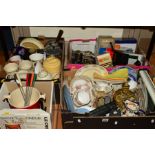 FOUR BOXES OF TEA/KITCHEN WARES etc, to include Colclough and Royal Vale, Myott 'Old Willow',