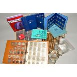 A LARGE PLASTIC CASE OF COINS IN ALBUM FOLDERS, TINS, etc, to include many in plastic wallets with