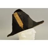 A POSSIBLY BLACK SILK MADE FRENCH ? NAPOLEONIC 'BICORNE' MILITARY HAT, with silver trim, no makers