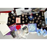 A BOX OF UK COINAGE, to include three cases of coloured pre Decimal coins, eighteen five pound