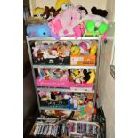 TEN BOXES AND LOOSE MODERN SOFT TOYS, DVD'S AND WARGAMING MAGAZINES