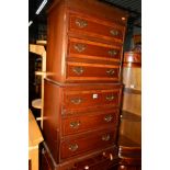 A REPRODUCTION MAHOGANY CHEST ON CHEST OF SIX DRAWERS, width 54cm x depth 37cm x height 115cm