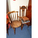 A 20TH CENTURY MAHOGANY CIRCULAR SEATED SPINDLE BACK ARMCHAIR, together with an Edwardian oak high