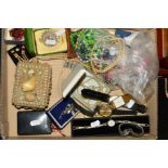 A BOX OF MAINLY COSTUME JEWELLERY, to include bead necklaces, brooches, two ladies watches, three