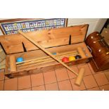 A BOXED COUNTY CROQUET SET, a framed set of Player's military medal cigarette cards and a cased