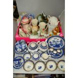 A BOX OF CERAMICS AND LOOSE, including Booths Real Old Willow tea and dinner wares, soup bowl with