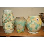 THREE BOURNE DENBY DANESBY WARE PASTEL VASES, all moulded in low relief of floral or woodland