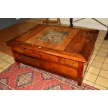 A LARGE RECTANGULAR WALNUT AND BURR WALNUT COFFEE TABLE, central square brown marble inset flanked