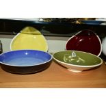 FOUR PILKINGTONS ROYAL LANCASTRIAN BOWLS, to include a footed bowl, sgraffito decorated with a