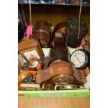 TWO BOXES OF CLOCKS to include chiming, mantle clocks, modern quartz examples, bakelite barometer