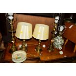 TWO PAIRS OF BRASS TABLE LAMPS WITH SHADES and a ceramic table lamp (5)