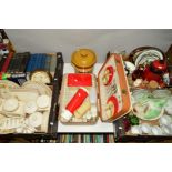 FOUR BOXES OF CERAMICS, BOOKS, TWO LOOSE PRINTS AND A PICNIC SET, including 'Harvest' pattern oven