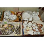 THREE BOXES AND LOOSE PLATED CUTLERY, DINNERWARES, TEAWARES, etc, to include onyx desk set (ashtray,