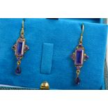 A PAIR OF AMETHYST DROP EARRINGS, each with a rectangle cut amethyst in collet setting with a