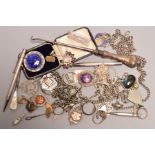 A PARCEL OF SILVER FOBS, chains, ingot, cufflinks, propelling pencils, various earrings, rings,