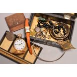 A SMALL JEWELLERY BOX containing a gold plated pocket watch, a coin set brooch, beaded necklace,
