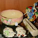 CLARICE CLIFF FOR NEWPORT POTTERY, a moulded basket shape bowl with fruit decoration, diameter