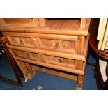 A HARDWOOD SIDE UNIT with four drawers on shaped legs united by a floor stretcher, width 94cm x