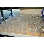 A COLLECTION OF CUT GLASS etc, to include wine, port and whisky glasses, fruit bowls, vases, etc