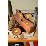 A BOX CONTAINING VARIOUS HAND TOOLS, a wooden planer, wooden mallet, spanner, measuring devices,