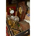 A BOX OF CLOCKS AND BAROMETER, includes 20th century wooden cuckoo clock, two anniversary clocks