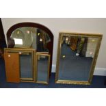 A MODERN GILT FRAMED WALL MIRROR, a mahogany framed wall mirror and a gilt triple dressing mirror (