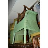 A GREEN PAINTED LLOYD LOOM BEDROOM CHAIR, linen box, another bedroom chair and an oak commode