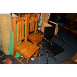 A PAIR OF GOLDEN OAK DINING CHAIRS, together with a chrome and leatherette swivel office chair and a