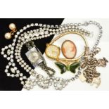 A SELECTION OF COSTUME JEWELLERY, to include charm bracelet, a cameo brooch, two watches etc