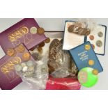 A SHOEBOX OF COINS, including two 1970 Royal Mint year sets, First Decimal coin wallets, a small
