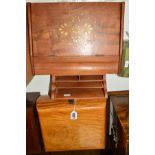 A MODERN WOODEN HUMIDOR, a wooden letter rack and a writing slope with brass inlay (3)