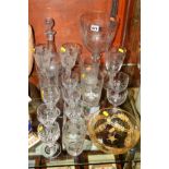 A SMALL COLLECTION OF 19TH AND 20TH CENTURY GLASSWARE, several pieces etched with fruit, vine and