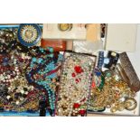 A BOX OF MAINLY COSTUME JEWELLERY, to include beaded necklaces, imitation pearl necklaces, brooches,