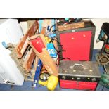 A ROLLABLE METAL MECHANICS STORAGE CHEST together with a smaller three drawer chest, both with