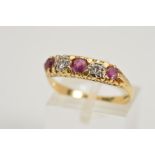A MODERN 18CT GOLD RUBY AND DIAMOND HALF HOOP RING, scroll detail sides, ring size O, hallmarked
