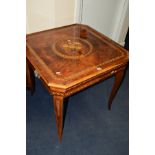 A SECOND HALF 20TH CENTURY ITALIAN MARQUETRY INLAID GAMING TABLE, on shaped square lift off top with