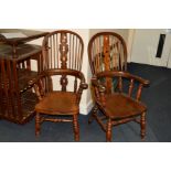 A MATCHED PAIR OF VICTORIAN ASH AND BEECH WINDSOR ARMCHAIRS, the hoop backs with fret carved splat