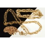 THREE 9CT GOLD CHAIN NECKLACES, to include a faceted belcher link chain, a plain belcher link