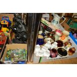 A BOX OF GLASS MARBLES, TWO BOXES OF CERAMICS AND A PAIR OF SPELTER HORSEMAN FIGURES, a.f,