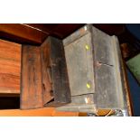 A 19TH CENTURY STAINED PINE TOOL CHEST containing various leather items, together with another