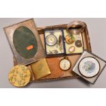 A BOX OF COSTUME JEWELLERY AND COMPACTS etc, to include a silver photograph frame, a silver hinged