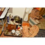 TWO BOXES AND LOOSE CERAMICS, GLASS, SUNDRIES, to include a quantity of wicker baskets,