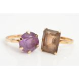 TWO GEMSTONE RINGS, a large amethyst within six claw setting, stamped 9ct, ring size O1/2,